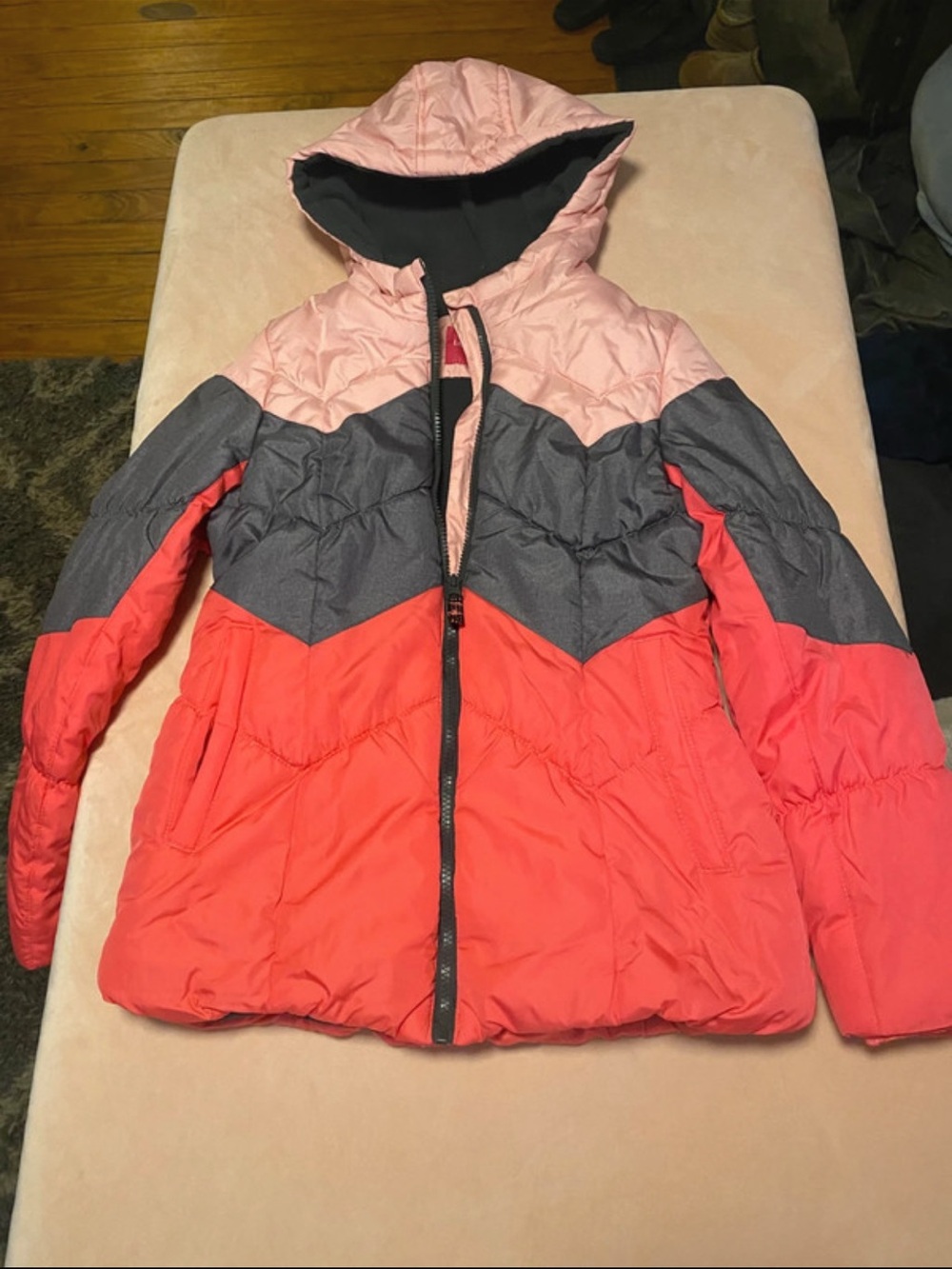 London Fog Colorblock Hooded Puffer Jacket - Coral, Gray & Light Pink